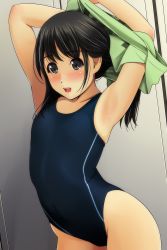 Rule 34 | 1girl, absurdres, armpits, arms up, bare shoulders, black hair, blue one-piece swimsuit, blush, brown eyes, collarbone, competition swimsuit, green shirt, highres, indoors, long hair, looking at viewer, matsunaga kouyou, nose blush, one-piece swimsuit, open mouth, original, shirt, sidelocks, solo, standing, swimsuit, undressing