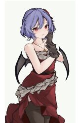 Rule 34 | 1girl, absurdres, alternate costume, bat wings, black thighhighs, closed mouth, dress, grey background, highres, jewelry, looking at viewer, orchid (orukido), parted lips, pendant, purple hair, red dress, red eyes, remilia scarlet, short hair, sile, simple background, sketch, solo, thighhighs, touhou, wings