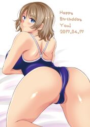 Rule 34 | 1girl, ass, blue eyes, blush, breasts, brown hair, cameltoe, competition swimsuit, from behind, highres, large breasts, love live!, love live! sunshine!!, ogawa mashiro, one-piece swimsuit, short hair, simple background, solo, swimsuit, thighs, watanabe you, wavy hair