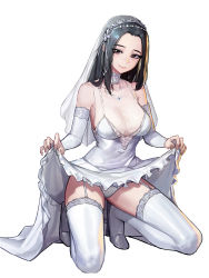 Rule 34 | 1girl, absurdres, black hair, breasts, bridal gauntlets, bridal veil, cleavage, clothes lift, dress, dress lift, elbow gloves, frilled dress, frills, full body, garter straps, gloves, high heels, highres, jewelry, kneeling, lifting own clothes, long hair, mac star, medium breasts, necklace, original, panties, see-through, simple background, smile, solo, spaghetti strap, thighhighs, underwear, upskirt, veil, wedding dress, white background, white dress, white gloves, white panties, white thighhighs