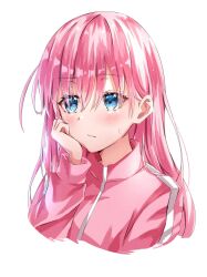 Rule 34 | 1girl, blue eyes, blush, bocchi the rock!, closed mouth, gotoh hitori, head rest, highres, jacket, kikugawa roku, long hair, pink hair, pink jacket, simple background, solo, upper body, white background
