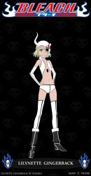 Rule 34 | 1girl, arrancar, bare shoulders, belly, bleach, breasts, clenched teeth, copyright name, female focus, fingernails, flat chest, green hair, grin, highres, legs, lilynette gingerbuck, looking at viewer, navel, purple eyes, short hair, simple background, smile, solo, teeth, thighs