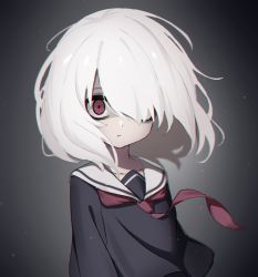 Rule 34 | 1girl, black serafuku, constricted pupils, eha7y, expressionless, floating hair, gradient background, grey background, hair over one eye, highres, looking at viewer, medium hair, neckerchief, original, parted lips, protected link, red eyes, red neckerchief, sailor collar, school uniform, serafuku, sketch, solo, upper body, wasabi-chan (eha7y), white hair