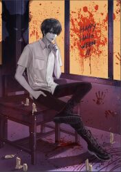 Rule 34 | 1boy, 2019, black footwear, black hair, blood, blood on clothes, blood splatter, bloody handprints, boots, breast pocket, brown eyes, candle, colored skin, commentary, crossed legs, different shadow, finger to mouth, full body, hand in pocket, handprint, highres, male focus, original, pocket, signature, sitting, solo, vrekx x, white skin, window
