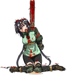 Rule 34 | 1girl, bike shorts, black hair, blood, blood from mouth, blue eyes, breasts, death, dutchko, empty eyes, execution, female focus, guro, large breasts, long hair, military, military uniform, mud, peeing, peeing self, restrained, solo, tongue, tongue out, uniform