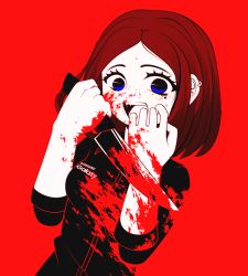 Rule 34 | 1girl, blood, blood splatter, blue eyes, blush, brown hair, earrings, hands up, holding, holding knife, jewelry, knife, koki arts, limited palette, long sleeves, looking at viewer, medium hair, mole, mole under eye, open mouth, red background, samsung, samsung sam, simple background, solo, yandere