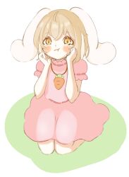 Rule 34 | 1girl, animal ears, animare, blonde hair, blush, carrot necklace, cosplay, dress, hands on own cheeks, hands on own face, inaba haneru (animare), inaba tewi, inaba tewi (cosplay), jewelry, kirogmi, looking at viewer, nanashi inc., necklace, pink dress, rabbit ears, rabbit girl, short hair, sitting, solo, touhou, virtual youtuber, yellow eyes