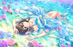 Rule 34 | 1girl, aqua dress, arms up, blue flower, breasts, brown eyes, brown hair, cleavage, cm (tenji1352), collarbone, dress, dutch angle, feet, flower, frilled dress, frills, fujiwara hajime, full body, game cg, green dress, hair between eyes, hair ornament, idolmaster, idolmaster cinderella girls, idolmaster cinderella girls starlight stage, knees together feet apart, knees up, legs, lens flare, long hair, looking at viewer, lying, medium breasts, medium hair, multicolored clothes, multicolored dress, nail polish, ocean, official art, on back, partially submerged, pink flower, purple flower, sandals, short sleeves, smile, solo, sparkle, thighs, toenail polish, toenails, toes, water