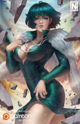 Rule 34 | 1girl, absurdres, blunt bangs, blush, breasts, cleavage, coat, commentary, debris, dress, english commentary, fubuki (one-punch man), fur coat, green dress, green eyes, green hair, high collar, highres, jacket, jacket on shoulders, jewelry, large breasts, looking at viewer, necklace, nopeys, one-punch man, parted lips, patreon logo, short hair, telekinesis, thighs