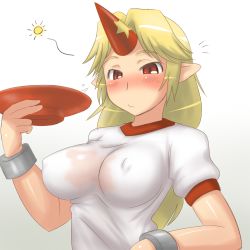 Rule 34 | 1girl, aaaa (quad-a), alcohol, bad id, bad pixiv id, blonde hair, blush, breasts, covered erect nipples, cuffs, cup, drunk, female focus, hiccup, highres, horns, hoshiguma yuugi, impossible clothes, impossible shirt, large breasts, long hair, pointy ears, red eyes, sakazuki, sake, see-through, shackles, shirt, single horn, solo, squeans, touhou, wet, wet clothes, wet shirt