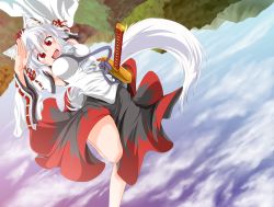Rule 34 | 1girl, animal ears, bare shoulders, breasts, dagitsune yuu, detached sleeves, fang, hat, highres, inubashiri momiji, large breasts, looking at viewer, mountain, open mouth, pom pom (clothes), red eyes, short hair, silver hair, skirt, sky, solo, sword, tail, tokin hat, touhou, weapon, weapon bag, wolf ears, wolf tail