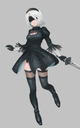 Rule 34 | 1girl, 2b (nier:automata), ame sagari, black blindfold, black dress, black footwear, black gloves, black hairband, black sleeves, black thighhighs, blindfold, boots, breasts, cleavage, cleavage cutout, clothing cutout, commentary, dress, full body, gloves, grey background, hairband, highres, holding, holding sword, holding weapon, juliet sleeves, large breasts, layered sleeves, long sleeves, nier:automata, nier (series), parted lips, puffy sleeves, short dress, short hair, simple background, solo, sword, thighhighs, turtleneck dress, weapon, white hair, white sleeves