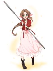 Rule 34 | 1girl, aerith gainsborough, bad id, bad pixiv id, black footwear, blush, bow, bracelet, braid, braided ponytail, brown hair, dress, final fantasy, final fantasy vii, floating hair, full body, green eyes, hair between eyes, hair bow, hair intakes, holding, holding weapon, jewelry, krudears, long dress, long hair, looking at viewer, open mouth, pink bow, pink dress, pink ribbon, ponytail, ribbon, short sleeves, simple background, solo, standing, very long hair, weapon, white background
