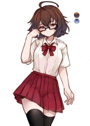 Rule 34 | 1girl, absurdres, ahoge, black-framed eyewear, black thighhighs, bow, bowtie, brown hair, closed mouth, collared shirt, color guide, commentary, dated, english commentary, glasses, grey eyes, highres, looking at viewer, miniskirt, mizuo ichinose (temachii), original, red bow, red bowtie, red skirt, school uniform, semi-rimless eyewear, shirt, short sleeves, shorts, shorts under skirt, signature, simple background, skirt, smile, solo, temachii, thighhighs, under-rim eyewear, white background, white shirt, wing collar, zettai ryouiki