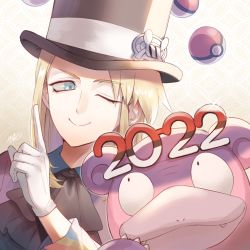 Rule 34 | 1boy, 2022, ascot, avery (pokemon), black ascot, black headwear, blonde hair, blue eyes, closed mouth, commentary request, creatures (company), eyelashes, floating, floating object, galarian slowbro, game freak, gloves, hand up, hat, jandara rin, long hair, male focus, nintendo, one eye closed, poke ball, poke ball (basic), pokemon, pokemon (creature), pokemon swsh, shirt, signature, smile, telekinesis, top hat, white gloves
