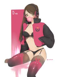 Rule 34 | 1girl, absurdres, animal print, azi4645, black bra, black panties, bra, breasts, brown eyes, brown hair, blowing bubbles, character name, d.va (overwatch), facepaint, facial mark, garter straps, headphones, highres, jacket, lace, lace-trimmed bra, lace trim, lingerie, logo, long hair, looking at viewer, matching hair/eyes, medium breasts, open clothes, open jacket, overwatch, overwatch 1, panties, rabbit print, sitting, sleeves past wrists, solo, swept bangs, thighhighs, underwear, whisker markings
