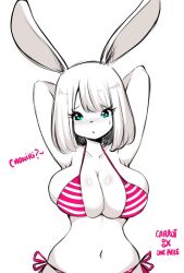 Rule 34 | 1girl, ?, animal ears, arms up, bikini, blue eyes, breasts, carrot (one piece), character name, cleavage, curvy, furry, furry female, highres, kenron toqueen, large breasts, looking at viewer, navel, one piece, rabbit ears, rabbit tail, side-tie bikini bottom, solo, standing, striped bikini, striped clothes, sweat, swimsuit, white background, wide hips