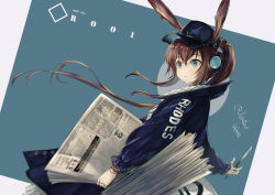 Rule 34 | 1girl, absurdres, amiya (arknights), amiya (newsgirl) (arknights), animal ears, arknights, blue background, blue coat, blue eyes, blue hat, brown hair, closed mouth, coat, commentary request, dutch angle, english text, expressionless, hair between eyes, hakua mill, hat, headphones, highres, holding, holding knife, holding newspaper, jewelry, knife, long hair, long sleeves, looking away, multiple rings, newspaper, official alternate costume, ponytail, rabbit ears, ring, solo, upper body, white background