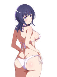 Rule 34 | 1girl, absurdres, asaka karin, ass, bikini, blue eyes, blue hair, blush, borgbutler, breasts, cleavage, closed mouth, collarbone, commentary request, cowboy shot, dark blue hair, from behind, highres, large breasts, looking at viewer, looking back, love live!, love live! nijigasaki high school idol club, medium hair, side-tie bikini bottom, simple background, smile, solo, strap gap, swimsuit, white background, white bikini