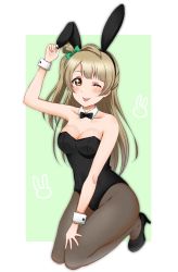 Rule 34 | 10s, 1girl, absurdres, animal ears, blush, bow, breasts, brown eyes, cleavage, female focus, full body, grey hair, hair bow, high heels, highres, long hair, love live!, love live! school idol project, minami kotori, one eye closed, rabbit ears, rabbit girl, satoharu, shiny skin, shoes, solo, tongue, tongue out, wink