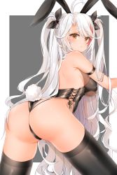 Rule 34 | 1girl, absurdres, animal ears, antenna hair, ass, azur lane, back, bare shoulders, black thighhighs, blush, breasts, clothing cutout, cross-laced clothes, cross-laced cutout, fake animal ears, from behind, hair ribbon, highres, large breasts, leotard, long hair, looking at viewer, looking back, mole, mole on breast, multicolored hair, playboy bunny, prinz eugen (azur lane), rabbit ears, rabbit tail, red eyes, red hair, ribbon, shiny clothes, shiny skin, sideboob, solo, swept bangs, tail, thighhighs, thighs, thong, thong leotard, twintails, two side up, very long hair, white hair, yukineko