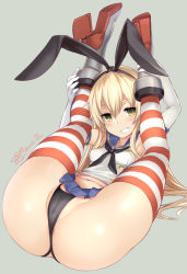 Rule 34 | 1girl, anus, anus peek, black panties, blonde hair, blue sailor collar, blue skirt, blush, bosshi, breasts, cameltoe, covered erect nipples, dated, green eyes, grey background, grin, hair between eyes, hairband, highleg, highleg panties, highres, kantai collection, legs up, long hair, lying, midriff, miniskirt, navel, panties, rudder footwear, sailor collar, school uniform, serafuku, shimakaze (kancolle), sidelocks, signature, simple background, skirt, small breasts, smile, solo, spread legs, striped clothes, striped thighhighs, thighhighs, underwear