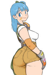 Rule 34 | 1girl, ass, blue eyes, blue hair, breasts, bulma, closed mouth, dragon ball, dragon ball (classic), gloves, highres, huge ass, lips, long hair, looking at viewer, medium breasts, side ponytail, simple background, smile, solo, toshinoshin, white background