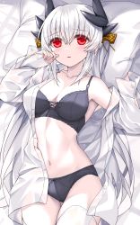 Rule 34 | 1girl, bare shoulders, black bra, black panties, blush, bra, breasts, cleavage, collarbone, dragon girl, dragon horns, fate/grand order, fate (series), highres, horns, kiyohime (fate), large breasts, long hair, long sleeves, looking at viewer, lying, morizono shiki, navel, off shoulder, on back, panties, parted lips, pillow, red eyes, shirt, solo, thighhighs, underwear, white hair, white shirt, white thighhighs