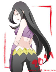 Rule 34 | 00s, 10s, 1girl, 2011, ass, back, bare shoulders, black hair, border, creatures (company), crop top, dated, elbow gloves, fringe trim, from behind, frontier brain, game freak, gloves, long hair, looking back, lucy (pokemon), midriff, mo-mo, multicolored hair, nintendo, open mouth, pants, pokemon, pokemon rse, purple hair, red eyes, simple background, skin tight, solo, standing, streaked hair, two-tone hair, very long hair, watermark, web address, white background, wide hips