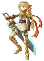 Rule 34 | 1girl, armor, armored boots, belt, blonde hair, boots, bow, braid, dress, gloves, greaves, hair bow, hairband, highres, huge weapon, long hair, original, pantyhose, pauldrons, scarf, shoulder armor, simple background, solo, soyo2106, sword, thigh boots, thighhighs, weapon, white background