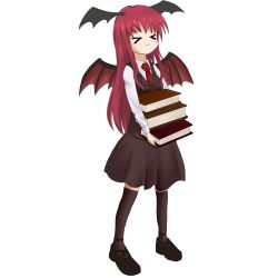 Rule 34 | &gt; &lt;, 1girl, animal ears, bad id, bad pixiv id, bat ears, book, closed eyes, female focus, full body, head wings, highres, holding, holding book, koakuma, komachi fumi (force333), red hair, solo, embodiment of scarlet devil, thighhighs, touhou, transparent background, wings