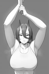 Rule 34 | 1girl, armpits, arms up, asahi (lvl), breasts, collarbone, crop top, greyscale, hair between eyes, highres, holding, horns, huge breasts, long hair, looking at viewer, lvl (sentrythe2310), monochrome, oni, oni horns, original, shiny skin, sidelocks, solo, upper body