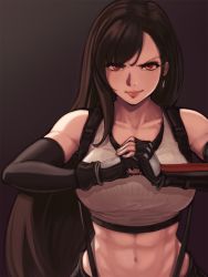 Rule 34 | 1girl, abs, bare shoulders, bloopiest, breasts, brown eyes, brown hair, clenched hand, crop top, earrings, elbow gloves, final fantasy, final fantasy vii, final fantasy vii remake, glaring, gloves, highres, jewelry, large breasts, lips, long hair, looking at viewer, low-tied long hair, midriff, skirt, solo, stomach, suspenders, tank top, tifa lockhart, toned, undershirt, upper body
