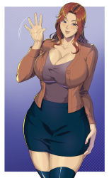 Rule 34 | 1girl, blouse, blue eyes, blue thighhighs, breasts, brown hair, cleavage, curvy, gradient background, highres, huge breasts, kirin ouji, large breasts, long hair, looking at viewer, mature female, miniskirt, original, pencil skirt, purple shirt, shirt, shirt tucked in, skirt, smile, solo, thighhighs, wide hips