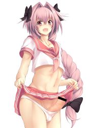 Rule 34 | 1boy, :d, astolfo (fate), astolfo (sailor paladin) (fate), bar censor, black bow, bow, braid, censored, clothes lift, collarbone, erection, fang, fate/apocrypha, fate (series), foreskin, hair bow, hair intakes, heart, heart-shaped pupils, highres, long hair, male focus, navel, official alternate costume, open mouth, panties, penis, penis in panties, pink hair, red eyes, school uniform, simple background, single braid, skirt, skirt lift, smile, solo, sukage, symbol-shaped pupils, trap, underwear, very long hair, white background