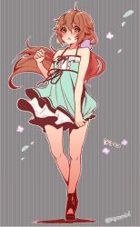 Rule 34 | 1girl, :o, alternate costume, arm at side, bare legs, bare shoulders, blush, bow, breasts, brown hair, character name, commentary request, dress, dress tug, eiyuu densetsu, floating clothes, floating hair, full body, green dress, green eyes, grey background, hair bow, hand up, highres, long hair, looking at viewer, low ponytail, miniskirt, open mouth, ponytail, purple bow, sagara riri, sen no kiseki, shoes, short dress, signature, simple background, skirt, sleeveless, sleeveless dress, small breasts, solo, spaghetti strap, standing, striped background, towa herschel, translated, twitter username, very long hair