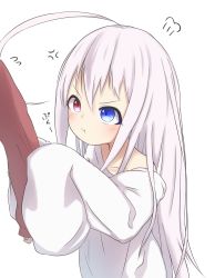 Rule 34 | 1girl, :t, absurdres, ahoge, anger vein, bare shoulders, blue eyes, blush, closed mouth, grey hair, hair between eyes, heterochromia, highres, idaten93, long hair, long sleeves, looking away, original, out of frame, oversized clothes, oversized shirt, pout, red eyes, ruua (idaten93), shirt, simple background, sleeves past fingers, sleeves past wrists, solo focus, v-shaped eyebrows, very long hair, white background, white shirt