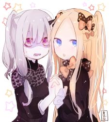 Rule 34 | 2girls, :o, abigail williams (fate), absurdres, alternate hairstyle, bags under eyes, black bow, black dress, blonde hair, blue eyes, blush, bow, brown bow, dress, fate/grand order, fate (series), hair between eyes, hair bow, highres, holding hands, interlocked fingers, lavinia whateley (fate), long sleeves, looking at viewer, looking to the side, multiple girls, orange bow, parted bangs, parted lips, pink eyes, polka dot, polka dot bow, shaded face, signature, silver hair, sofra, star (symbol), starry background, two side up, white background