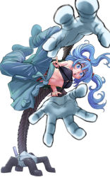 Rule 34 | 1girl, :o, backpack, bag, bare arms, bare shoulders, black tank top, blue eyes, blue footwear, blue hair, blue pants, blunt bangs, blurry, boots, breasts, depth of field, doitsuken, floating hair, full body, hair bobbles, hair ornament, handstand, kawashiro nitori, long hair, mechanical arms, medium breasts, one arm handstand, pants, pocket, rubber boots, simple background, single mechanical arm, solo, stomach, tank top, touhou, two side up, underboob, white background