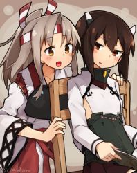 Rule 34 | 10s, 2girls, anchor, bad id, bad twitter id, blush, book, brown eyes, brown hair, chair, flat chest, hachimaki, headband, headgear, high ponytail, japanese clothes, kantai collection, light brown hair, long hair, looking at another, multiple girls, open mouth, rimukoro, short hair, sweatdrop, taihou (kancolle), twitter username, zuihou (kancolle)