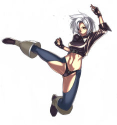 Rule 34 | 1girl, abs, angel (kof), boots, fingerless gloves, full body, gloves, kicking, navel, ogami, panties, short hair, snk, solo, the king of fighters, underwear, white background, white hair, yellow eyes