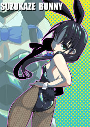 Rule 34 | 1girl, animal ears, black hair, black leotard, black pantyhose, blue bow, blue bowtie, bow, bowtie, character name, cowboy shot, detached collar, fake animal ears, fishnet pantyhose, fishnets, from behind, green eyes, kantai collection, kurogane riku, leotard, long hair, looking at viewer, low twintails, one eye closed, pantyhose, playboy bunny, polka dot, polka dot background, rabbit ears, rabbit tail, ribbon, solo, strapless, strapless leotard, suzukaze (kancolle), tail, tongue, tongue out, twintails, wrist cuffs, zoom layer