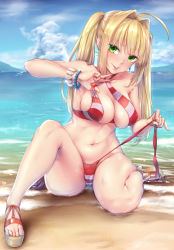 Rule 34 | 1girl, :p, absurdres, arm up, bare legs, beach, bead bracelet, beads, bikini, blue sky, blush, bracelet, breasts, cleavage, closed mouth, cloud, cloudy sky, criss-cross halter, day, fate/grand order, fate (series), green eyes, hair intakes, halterneck, highres, jewelry, knee up, kurofude anna, large breasts, long hair, looking at viewer, navel, nero claudius (fate), nero claudius (fate) (all), nero claudius (swimsuit caster) (fate), ocean, outdoors, red bikini, revision, sandals, sidelocks, sitting, sky, smile, solo, striped bikini, striped clothes, swimsuit, thighs, tongue, tongue out, tsurime, twintails, v