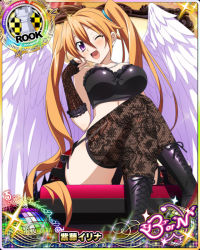 Rule 34 | 1girl, ahoge, angel, angel wings, ankle boots, bare shoulders, black bra, black footwear, black gloves, black thighhighs, blush, boots, bra, breast hold, breasts, card (medium), character name, chess piece, cleavage, cross-laced footwear, female focus, fingerless gloves, frilled bra, frills, garter straps, gloves, high school dxd, jewelry, lace, lace-up boots, lace gloves, large breasts, long hair, looking at viewer, necklace, official art, one eye closed, open mouth, orange hair, purple eyes, rook (chess), shidou irina, smile, solo, thighhighs, trading card, twintails, underwear, very long hair, white wings, wings, wink