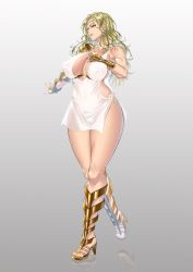 Rule 34 | 1girl, absurdres, anima (togashi), armor, bare shoulders, black desert online, blonde hair, blue eyes, breasts, circlet, commentary request, dress, earrings, fingerless gloves, full body, gauntlets, gloves, gradient background, hair ornament, hand on own chest, high heels, highres, jewelry, large breasts, lips, muscular, muscular female, parted lips, see-through, short dress, shoulder armor, simple background, sleeveless, solo, standing, thighs, thong, toeless footwear, toes, underwear, white dress