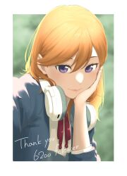 Rule 34 | 1girl, absurdres, blue jacket, border, closed mouth, commentary, commentary request, hand on own chin, headphones, headphones around neck, highres, jacket, long sleeves, looking at viewer, love live!, love live! superstar!!, medium hair, milestone celebration, neck ribbon, orange hair, outside border, purple eyes, red ribbon, ribbon, s sho mkrn, school uniform, shibuya kanon, shirt, solo, thank you, upper body, white border, white shirt, winter uniform, yuigaoka school uniform