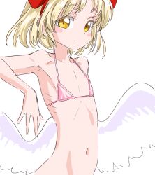 Rule 34 | 1girl, armpits, bikini, blonde hair, blush stickers, closed mouth, collarbone, commentary request, expressionless, feathered wings, flat chest, gengetsu (touhou), hairband, navel, pink bikini, red hairband, ribs, s-a-murai, short hair, skinny, solo, swimsuit, touhou, touhou (pc-98), upper body, white background, white wings, wings, yellow eyes