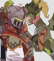 Rule 34 | ..., 1boy, 1girl, absurdres, akairosu, armor, assertive female, blonde hair, breasts, chinese clothes, commentary, dragoon mercy, english commentary, flirting, genji (overwatch), green eyes, hand on another&#039;s chest, hand on another&#039;s chin, helmet, hetero, high ponytail, highres, knight, looking back, medium breasts, mercy (overwatch), official alternate costume, overwatch, overwatch 1, overwatch 2, scales, sheath, sheathed, simple background, sweatdrop, sword, upper body, weapon