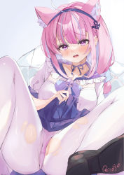 Rule 34 | 1girl, absurdres, ahoge, animal ears, black footwear, blouse, blue hair, blush, bow, cat ears, clothes lift, collarbone, hair ornament, highres, hololive, minato aqua, multicolored hair, nail polish, neck ribbon, open mouth, panties, pantyhose, partially visible vulva, pink eyes, pink hair, pink panties, pleated skirt, pussy, reitou mkn, ribbon, sailor collar, shirt, skirt, skirt lift, solo, streaked hair, torn clothes, torn pantyhose, underwear, virtual youtuber, white background, white pantyhose, white shirt