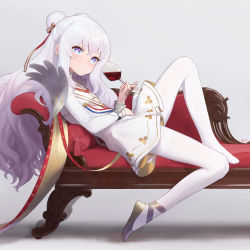 Rule 34 | + +, 1girl, absurdres, alcohol, azur lane, bare shoulders, blue eyes, blush, breasts, closed mouth, collarbone, couch, cup, double bun, dress, drinking glass, feet, full body, hair between eyes, hair bun, highres, holding, holding cup, le malin (azur lane), long hair, long sleeves, looking at viewer, pantyhose, pumpkinspicelatte, reclining, shoes, sidelocks, silver hair, single shoe, small breasts, solo, symbol-shaped pupils, very long hair, white dress, white pantyhose, wine, wine glass